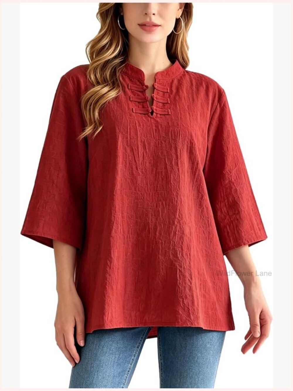 3/4 Sleeve Linen Blend Casual Button Down Blouse Tunic Top